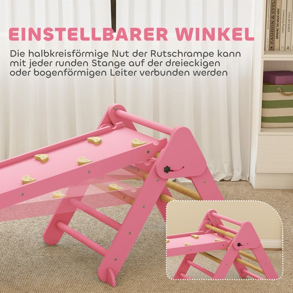 Klatrestativ, 7-i-1 sammenklappeligt indendørs klatretrekant med rutsjebane, 188x70x59 cm, pink, træ