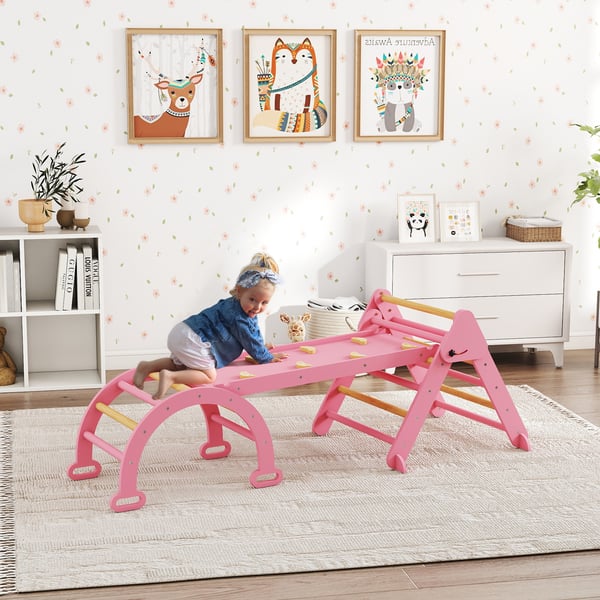 Klatrestativ, 7-i-1 sammenklappeligt indendørs klatretrekant med rutsjebane, 188x70x59 cm, pink, træ