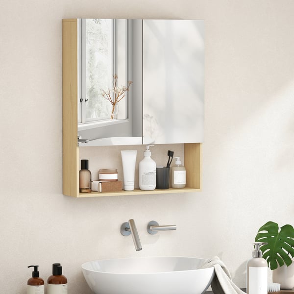 Badeværelsesskab, Spejldøre, 60x16,6x75 cm, Eg, Vægmonteret