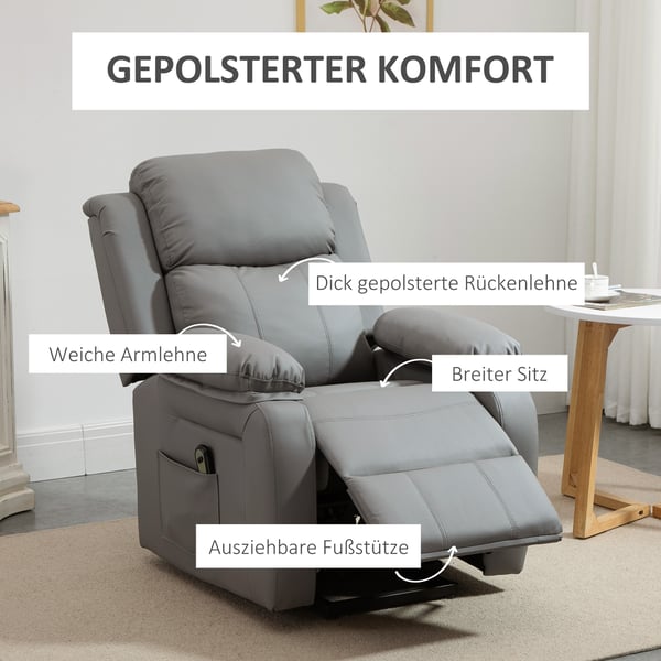 Elektrisk Løftestol, 76x90x105 cm, Grå, Kunstlæder