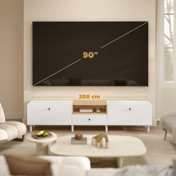 TV-taso, 200x35x45 cm, valkoinen, lastulevy