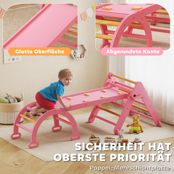 Klatrestativ, 7-i-1 sammenklappeligt indendørs klatretrekant med rutsjebane, 188x70x59 cm, pink, træ
