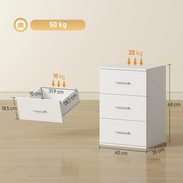 Sengebord, 40x35x60 cm, Hvid, MDF