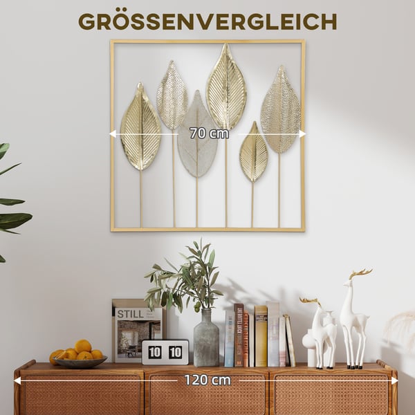 Vægkunst, Bladdesign, 70x2.5x70 cm, Guld, Metal
