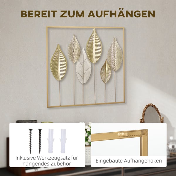 Vægkunst, Bladdesign, 70x2.5x70 cm, Guld, Metal