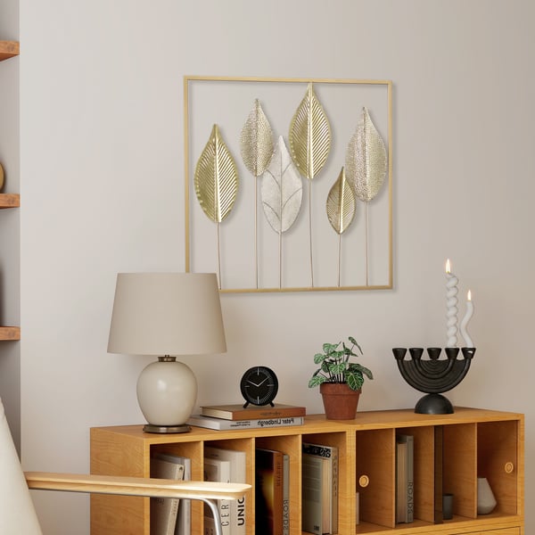 Vægkunst, Bladdesign, 70x2.5x70 cm, Guld, Metal