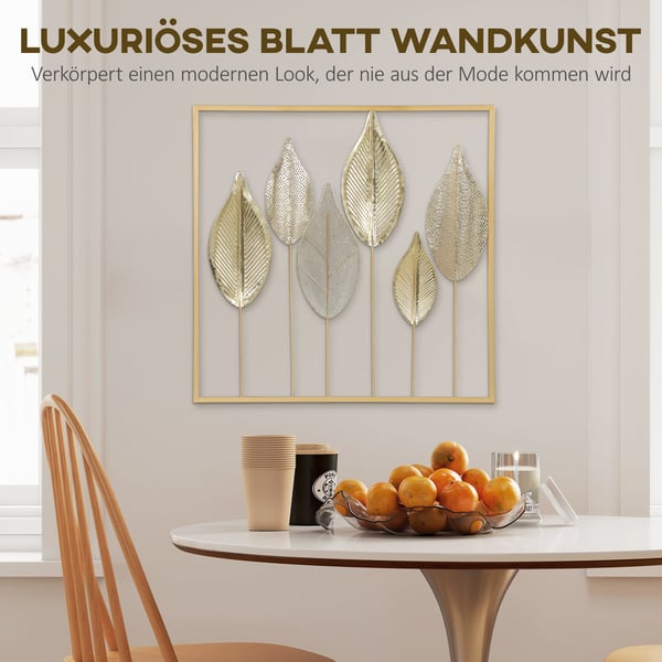 Vægkunst, Bladdesign, 70x2.5x70 cm, Guld, Metal