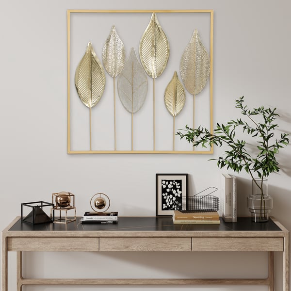 Vægkunst, Bladdesign, 70x2.5x70 cm, Guld, Metal