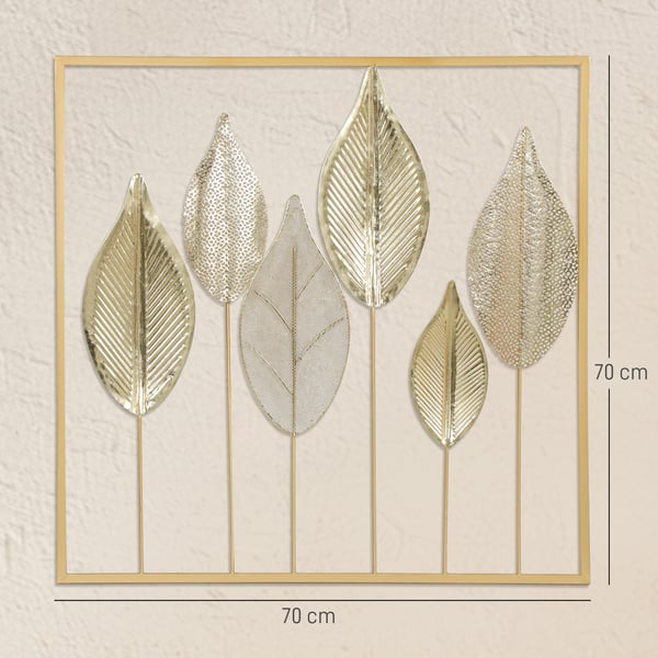 Vægkunst, Bladdesign, 70x2.5x70 cm, Guld, Metal
