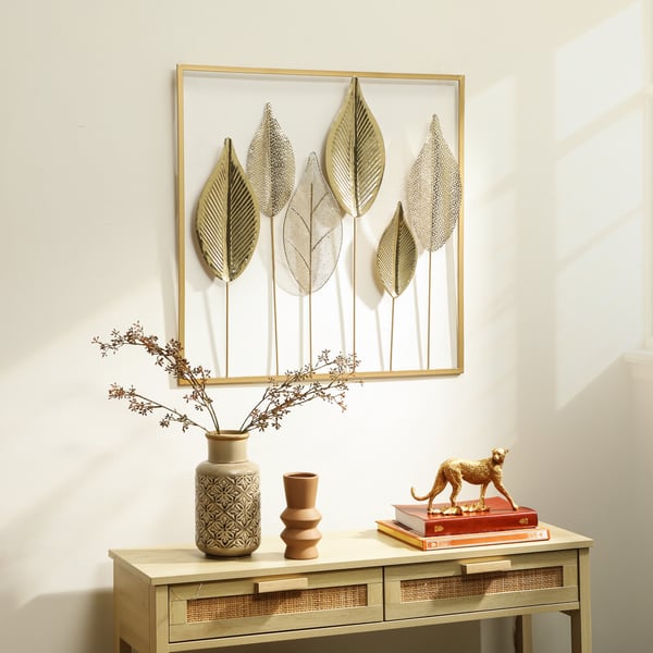 Vægkunst, Bladdesign, 70x2.5x70 cm, Guld, Metal
