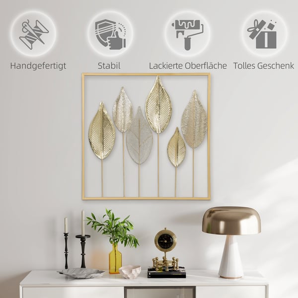 Vægkunst, Bladdesign, 70x2.5x70 cm, Guld, Metal