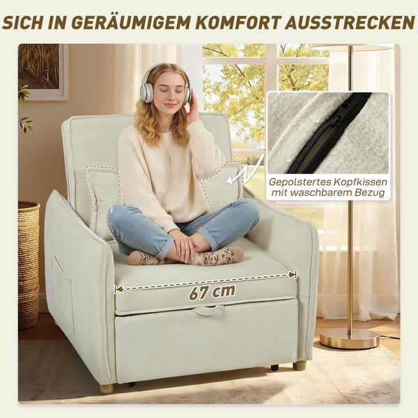 Bäddsofa Fåtölj, 88x84x87 cm, Kräm, Chenilleklädsel
