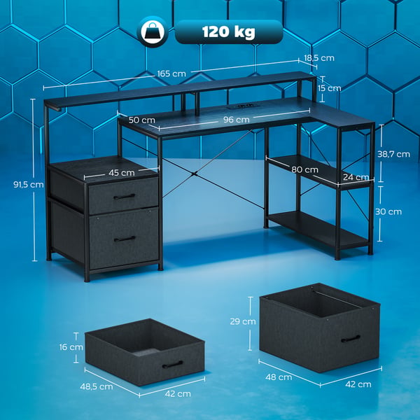 Gamingbord, L-formet skrivebord, 165x80x91,5 cm, sort, træ