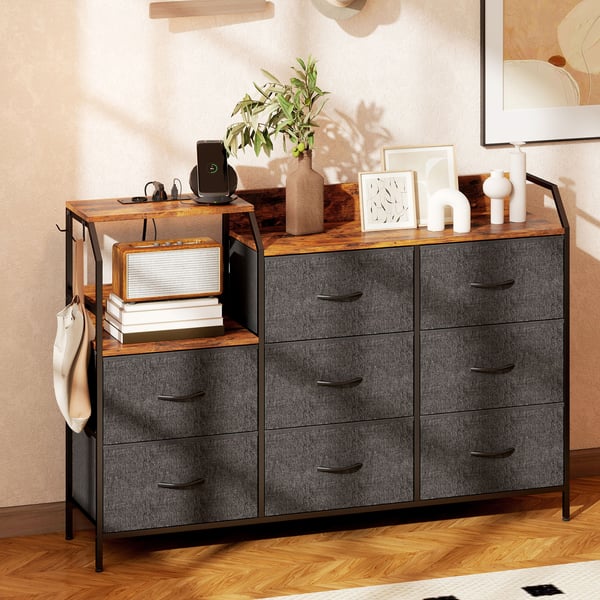 Kommode, 8 stofskuffer, 130,5x30x88 cm, brun sort, stålramme