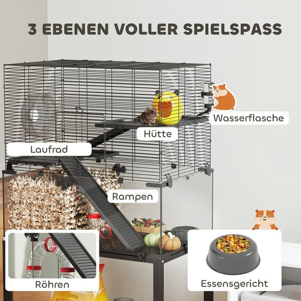 Hamsterbur, 77x49x130,5 cm, Sort, Stål og plast