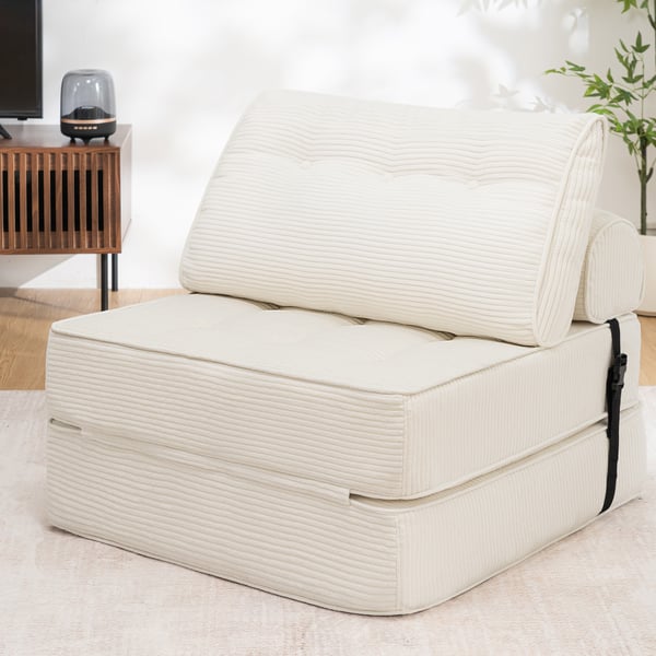 Sammenklappelig sovesofa med hynder, sammenklappelig lænestol med ryglæn, enkelt sovesofa til stue og kontor, beige, 80cm