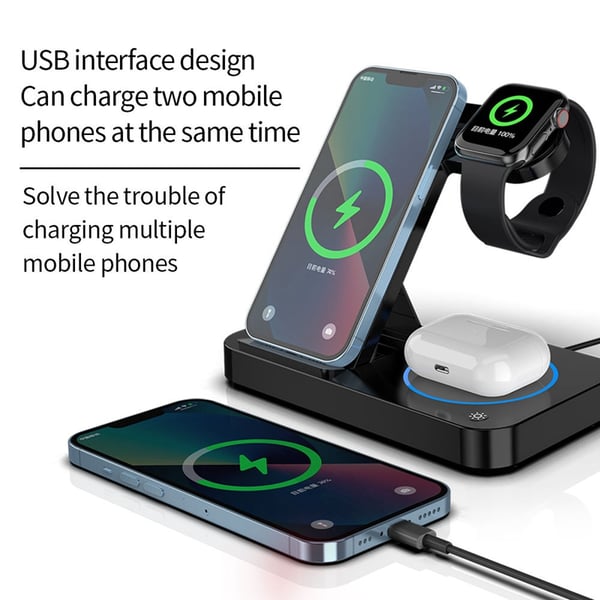 Trådløs lader for telefon, Airpods, Apple Watch, sammenleggbar Black