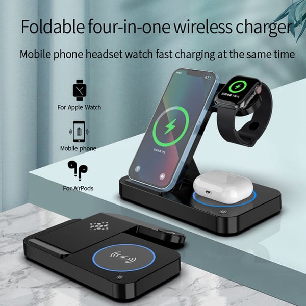 Trådløs lader for telefon, Airpods, Apple Watch, sammenleggbar Black
