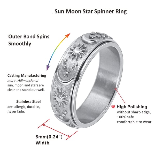 Moon and Star antistressring i rustfritt stål Silver 24 mm