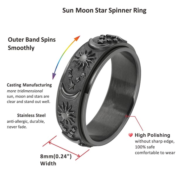 Antistressring laget av rustfritt stål med sol og måne Black 23 mm