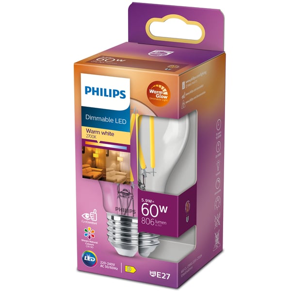 LED E27 Normal 5,9W (60W) Klar Dæmpbar WarmGlow 806lm