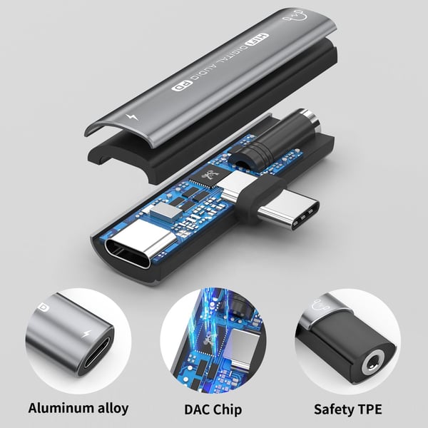 USB-C til 3,5 mm adapter til hovedtelefoner og oplader Black