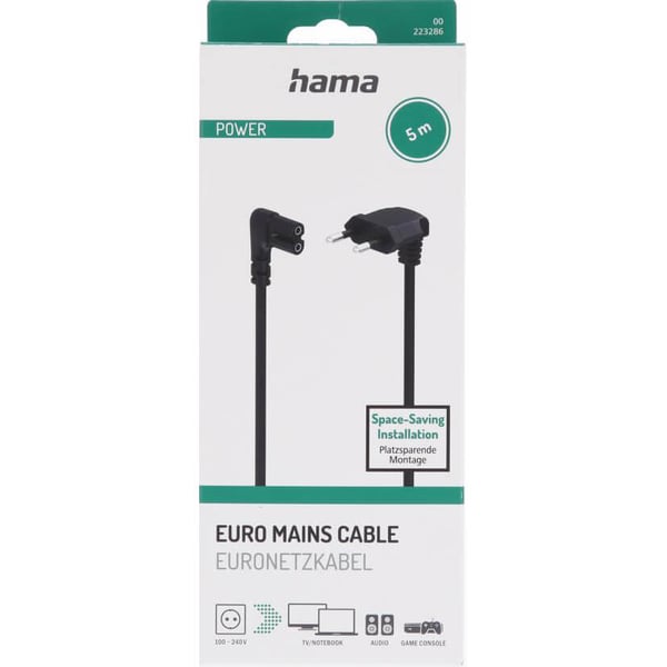 Strømkabel vinklet Euro Plug Sort 5.0m