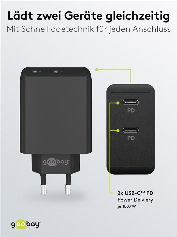 Dobbel USB-C™ PD hurtiglader (36 W) svart