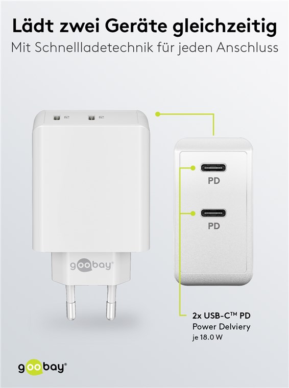 USB-C™ PD dobbelt hurtigoplader (36 W) hvid