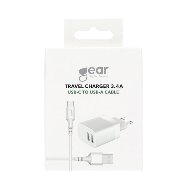 Lader 220V 2xUSB-A 3.4A Hvid USB-C 2.0 kabel 1m