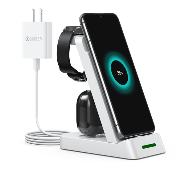 3-i-1 trådløs oplader til telefon, Samsung smartwatch, høretelefoner White