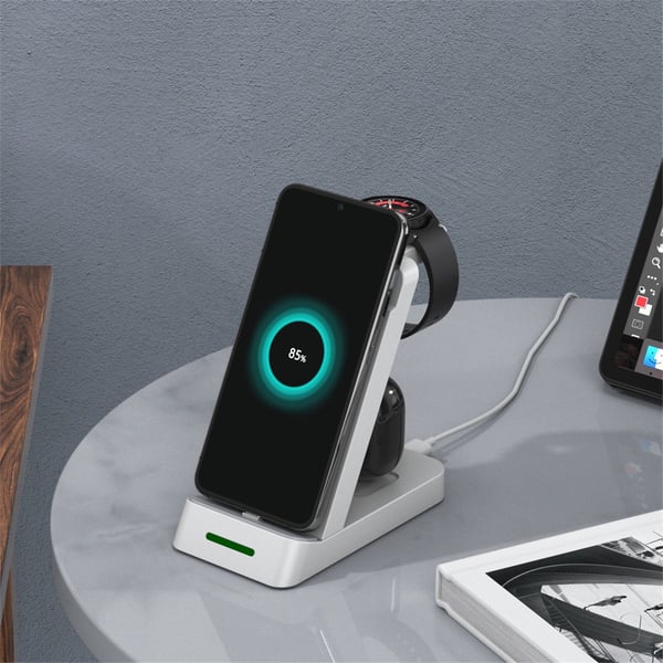 Multifunksjonell trådløs lader for telefon, Samsung smartklokke, øreplugger White