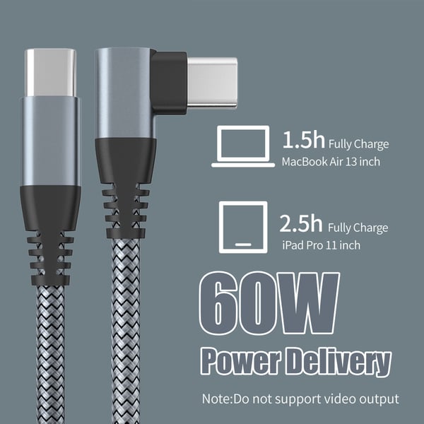 USB-C lader med vinklet kontakt 60 W hurtiglading Grey 2 m