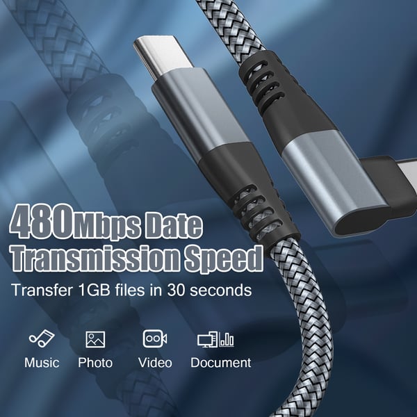 USB-C lader med vinklet kontakt 60 W hurtiglading Grey 2 m