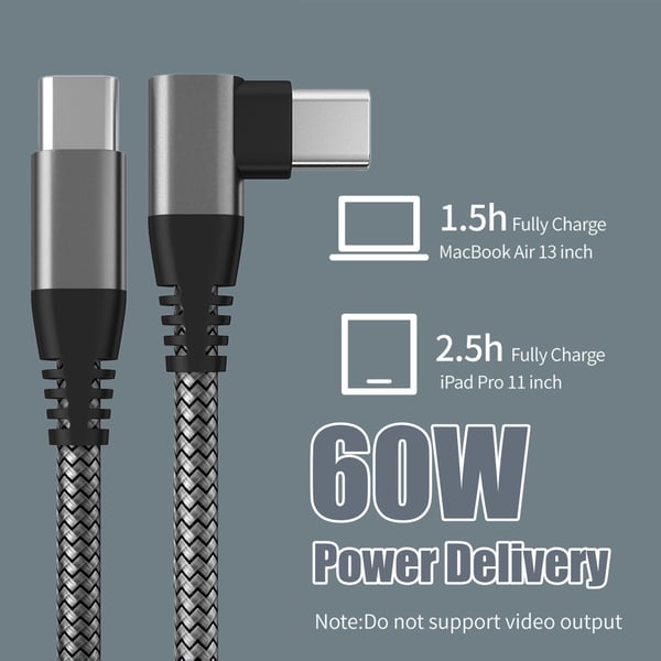 USB C-lader med vinklet kontakt 60W PD hurtiglading Black 1 m