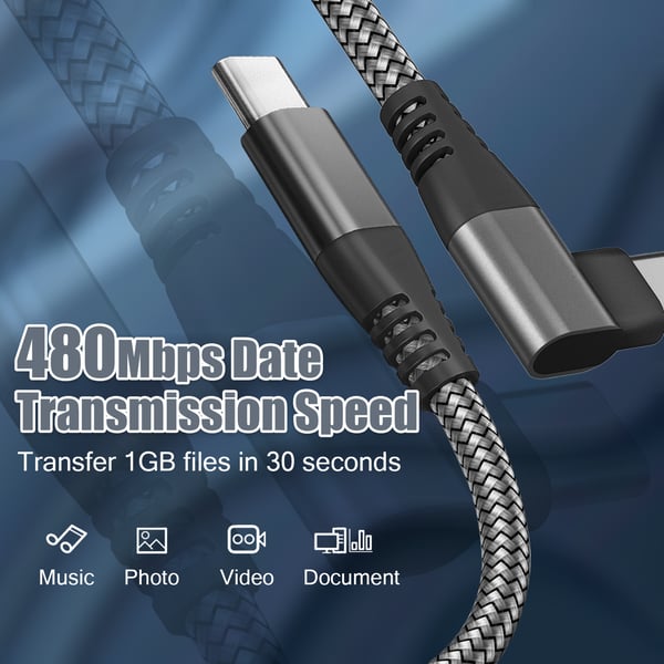 USB C-lader med vinklet kontakt 60W PD hurtiglading Black 1 m