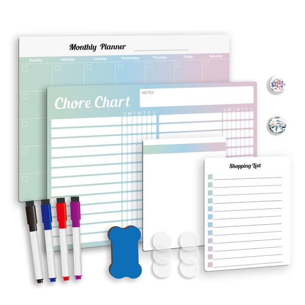 Set med magnetisk whiteboardtavla, skrivtavla, pennor och magneter MultiColor