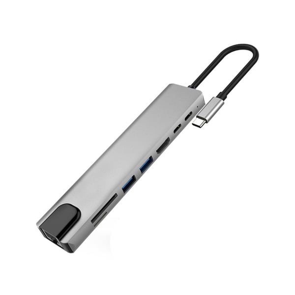 USB-C-hub med 8 uttak for USB, UBC PD, HDMI, RJ45, micro-SD Grey