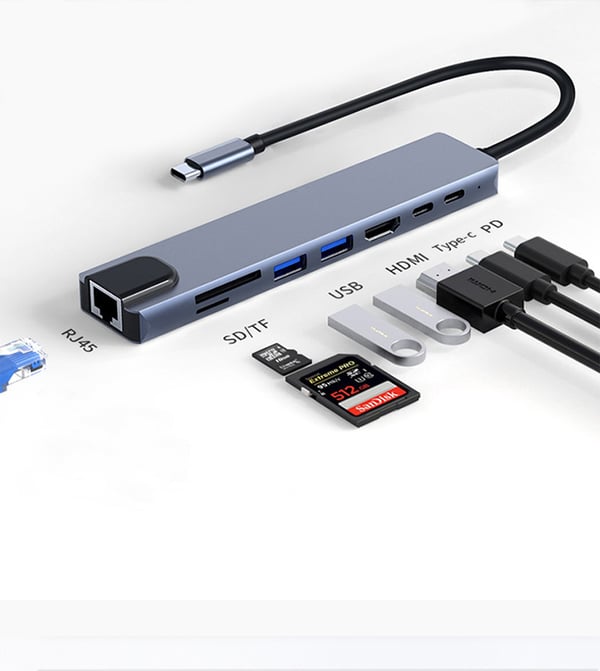 USB-C-hub med 8 uttak for USB, UBC PD, HDMI, RJ45, micro-SD Grey