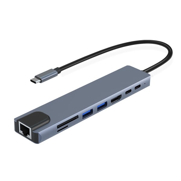 USB-C-hub med 8 uttak for USB, UBC PD, HDMI, RJ45, micro-SD Grey