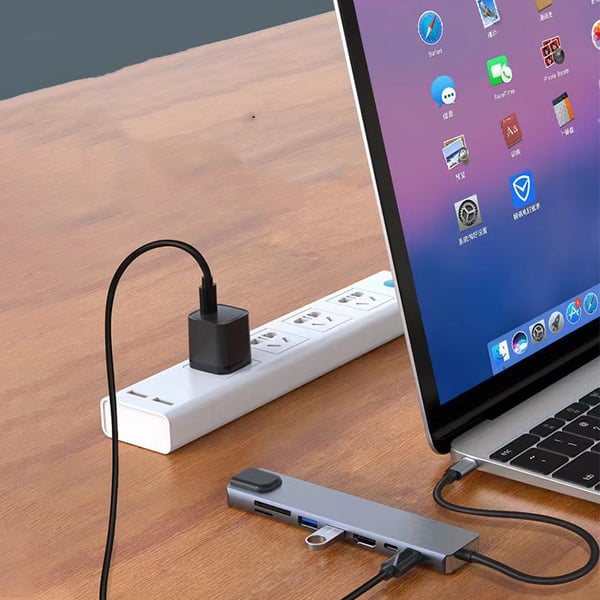 USB-C-hub med 8 uttak for USB, UBC PD, HDMI, RJ45, micro-SD Grey