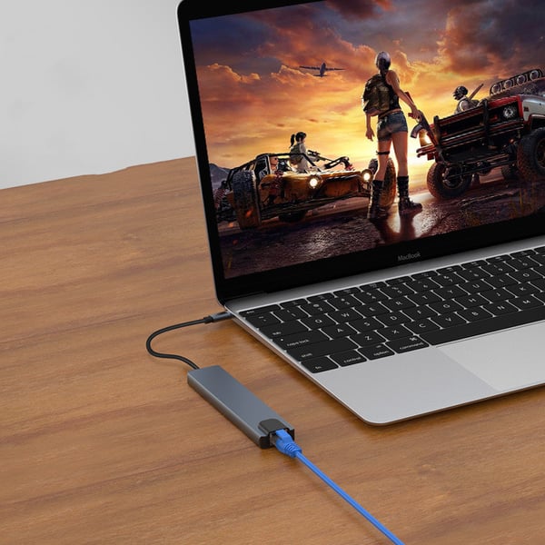 USB-C-hub med 8 uttak for USB, UBC PD, HDMI, RJ45, micro-SD Grey