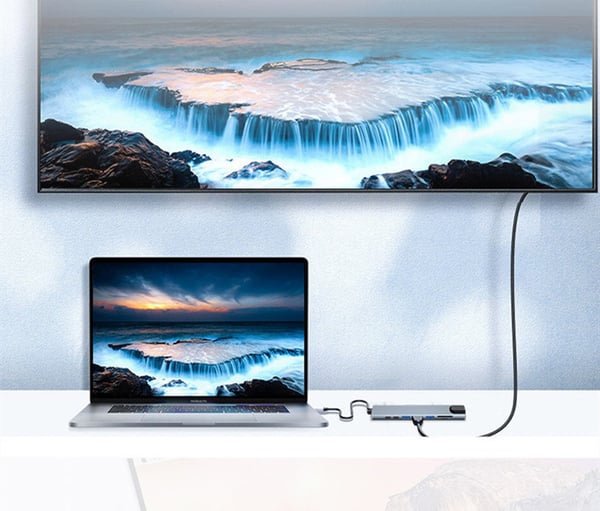 USB-C-hub med 8 uttak for USB, UBC PD, HDMI, RJ45, micro-SD Grey