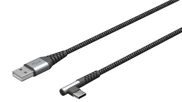 USB-C™ til USB-A tekstilkabel med metallkontakter (mellomgrå/sølv), 90°, m