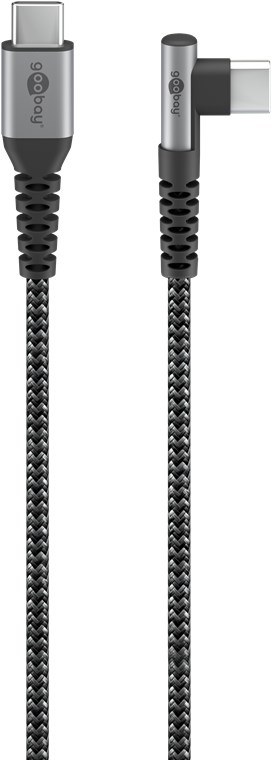USB-C™ til USB-C™ tekstilkabel med metallkontakter (mellomgrå/sølv), 90°, m