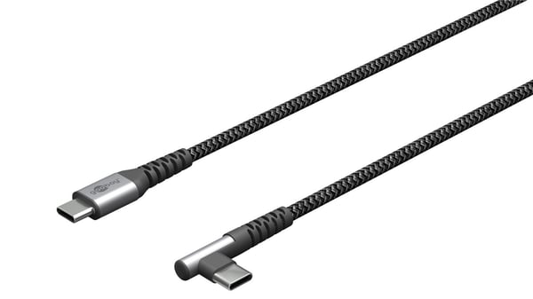 USB-C™ til USB-C™ tekstilkabel med metallkontakter (mellomgrå/sølv), 90°, m
