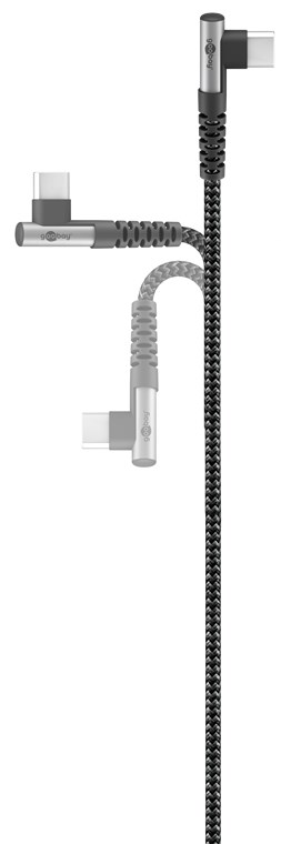 USB-C™ til USB-C™ tekstilkabel med metallkontakter (mellomgrå/sølv), 90°, m