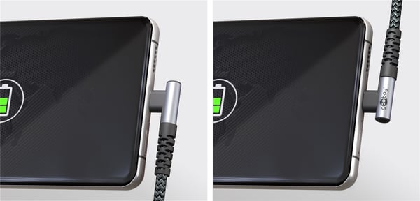 USB-C™ til USB-C™ tekstilkabel med metallkontakter (mellomgrå/sølv), 90°, m
