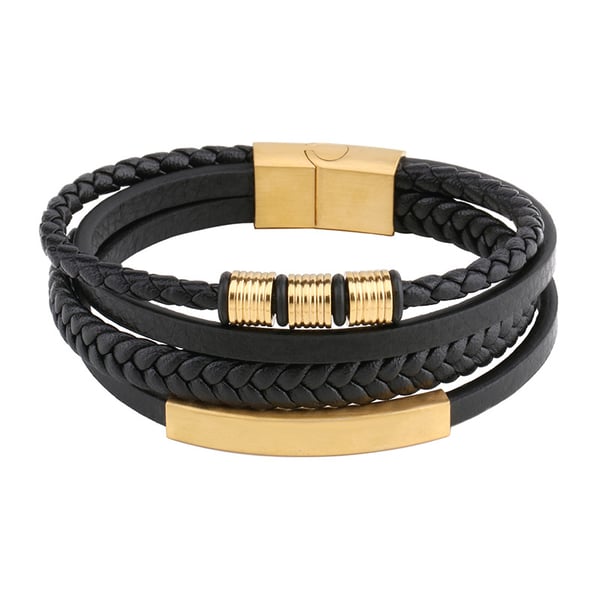 Punk Flerlagers vävt rostfritt stål Läderrep Armband 19 cm