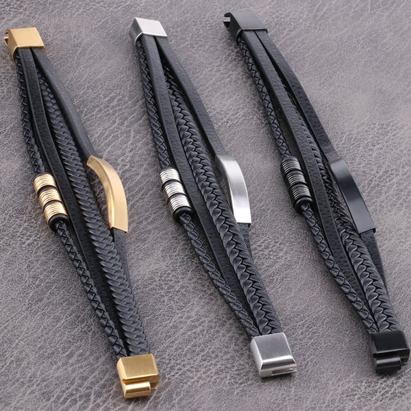 Punk flerlags vævet rustfrit stål læderreb armbånd 19 cm